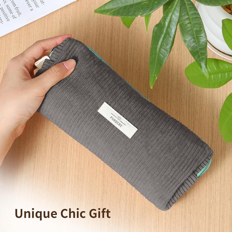Purbert Pencil Bag Pen Case, Soft Corduroy Small Pencil Pouch Organizer with Zipper, Cute Pencil Case Pouch Stationery for Girls and Boys – Grey - Image 2